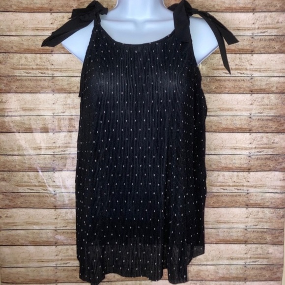 Black ribbed polka dot sleeveless ribbon tie shoulder top Sz XS - Picture 4 of 5